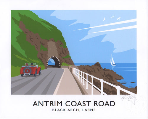 This scene features the famous Black Arch near Larne in County Antrim.  With its breath taking views, the Antrim Coast Road is regarded as one of the greatest tourist routes of the world.