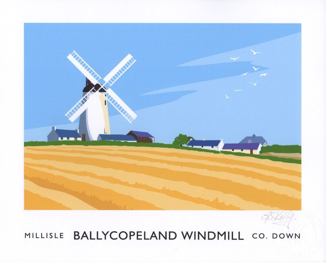 Vintage style art print of Ballycopeland Windmill on the Ards Peninsula near Millisle, County Down.