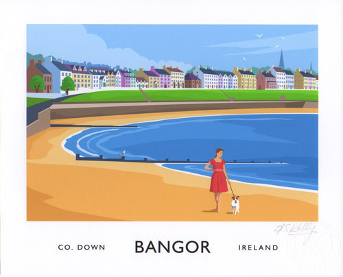 A vintage style poster art print of a lady walking her dog on Ballyholme beach in Bangor, County Down.