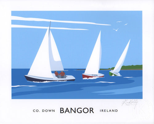 This picture depicts three yachts racing just off the coast near Ballyholme beach, County Down, Ireland