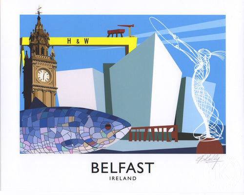 Vintage style art print of Belfast City with many iconic buildings including  Harland and Wolff cranes and the magnificent new Titanic Visitor Centre along with beautiful public works of art.