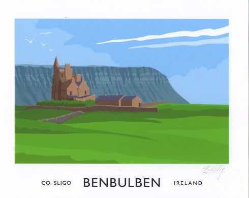 Vintage style art print of Classiebawn Castle and Benbulben, County Sligo.