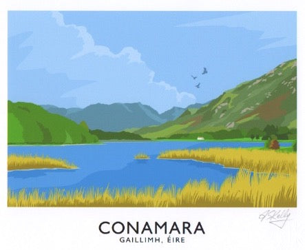 As Gaeilge-Vintage style travel poster art print of the rugged and beautiful mountains of Connemara.