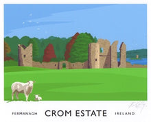 Load image into Gallery viewer, Vintage style art print of the old castle ruins at Crom, County Fermanagh. The Crom Estate (pronounced crumb) is a nature reserve located in the south of County Fermanagh, along the shores of Upper Lough Erne.