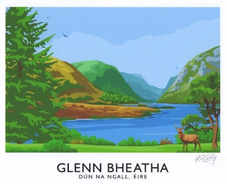 Irish language versionAs Gaeilge-Vintage style travel poster art print of Glenveagh National Park, Donegal