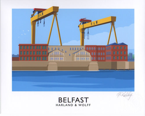 Vintage style art print of Harland and Wolff drawing offices and the famous twin cranes, Samson and Goliath. 