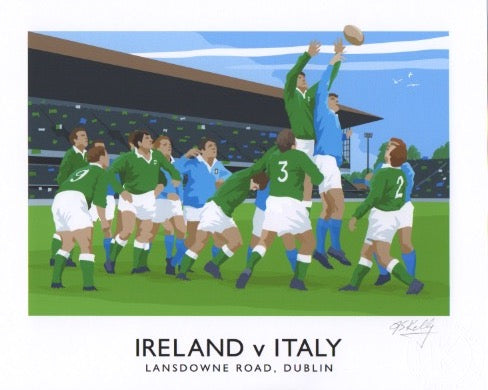 Vintage style travel poster art print of an Ireland v Italy rugby match at Lansdowne Road, Dublin