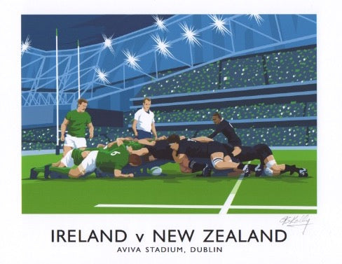 Vintage style travel poster art print of an Ireland v New Zealandrugby match at Lansdowne Road, Dublin