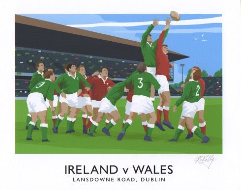 Vintage style travel poster art print of an Ireland v Wales rugby match at Lansdowne Road, Dublin