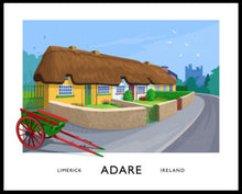 Load image into Gallery viewer, Our vintage style art print of the picturesque row of thatched cottages in Adare, County Limerick makes the perfect Irish gift
