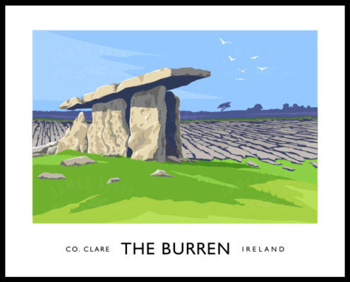 Vintage style art print of the Poulnabrone Dolmen on the Burren, County Clare (Connacht).
