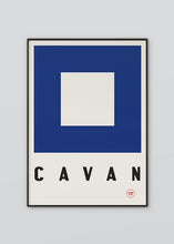 Load image into Gallery viewer, Inspired by the GAA county colours of blue and white, our Cavan poster is beautifully screen printed by hand