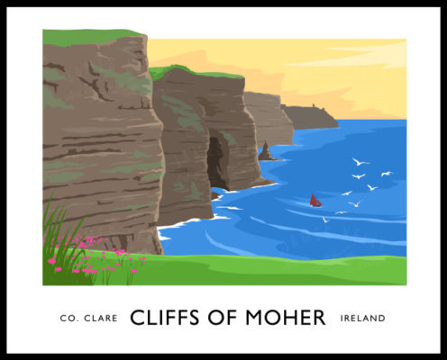 Vintage style art print of the Cliffs of Moher in County Clare.
