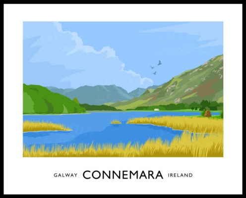Vintage style art print of the rugged and beautiful mountains of Connemara  in the West of Ireland.