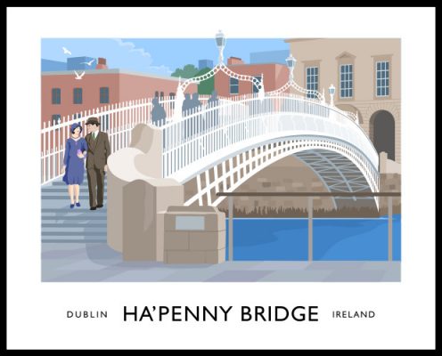 Vintage style art print of the Ha’penny (Liffey) Bridge, Dublin.