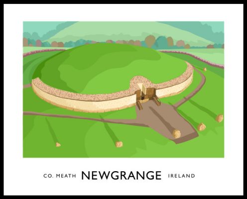 Vintage style art print of the Neolithic monument at Newgrange, County Meath.