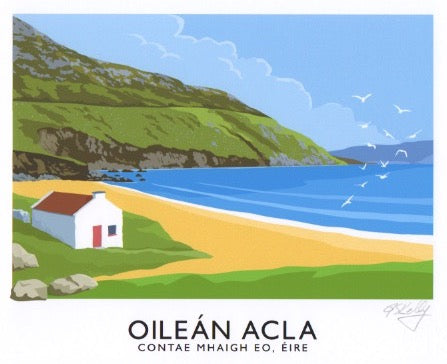 Irish language version-Vintage style travel poster art print of the beach at Keem Bay on Achill Island