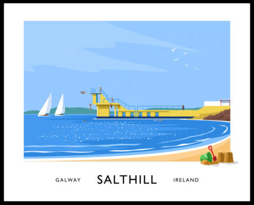 Vintage style art print of the Blackrock Diving Tower at Salthill, County Galway.