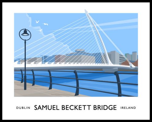 Vintage style art print of the Samuel Beckett Bridge over the River Liffey in Dublin.