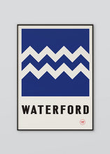 Load image into Gallery viewer, Inspired by the GAA county colours of white and blue, our Waterford poster is beautifully screen printed by hand