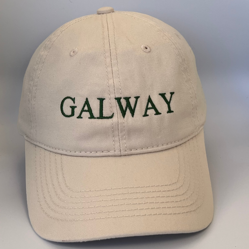 Beige cap with 'GALWAY' embroidered in green on a beige background