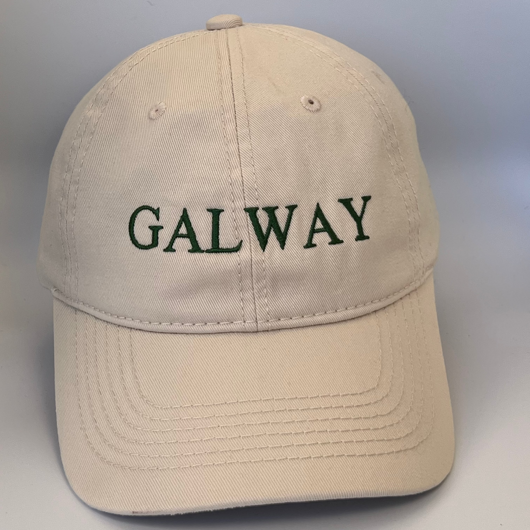 Beige cap with 'GALWAY' embroidered in green on a beige background