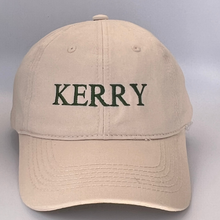 Load image into Gallery viewer, Beige cap with &#39;KERRY&#39; embroidered in green on a a beige background
