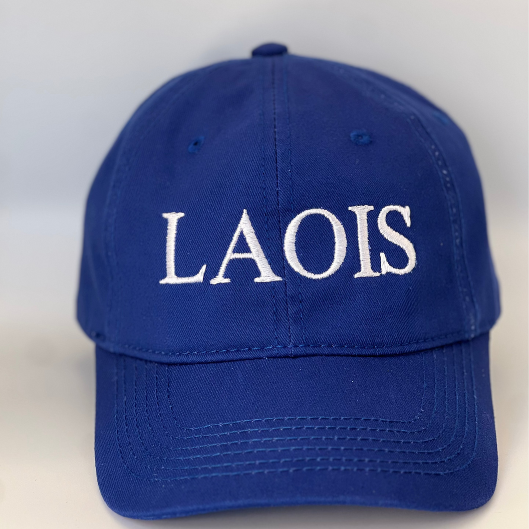 Blue baseball cap with 'LAOIS' text in white embroidery on  a blue background.
