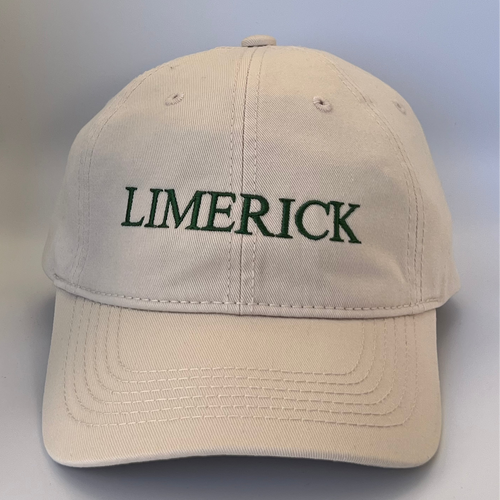 Beige cap with 'Limerick' text in green on a beige background