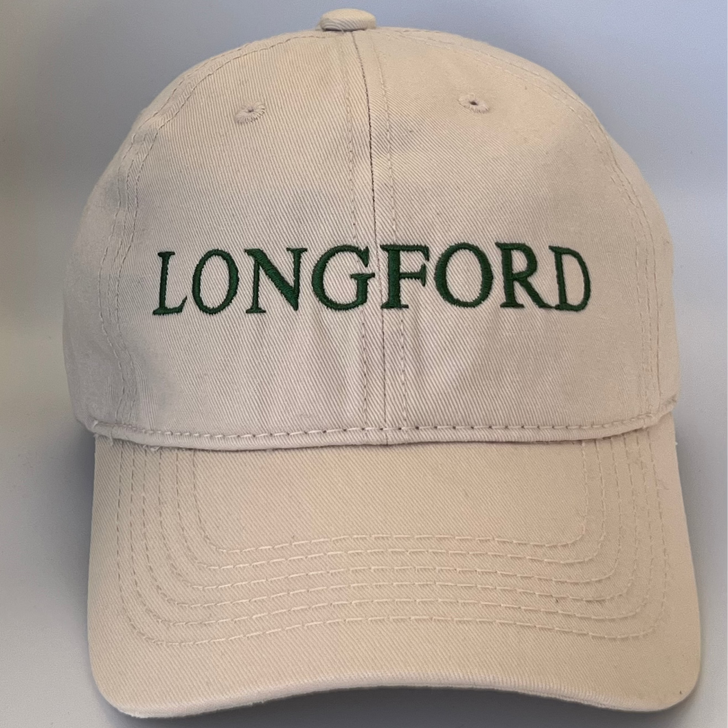 Beige cap with 'LONGFORD' embroidered in green on a beige background