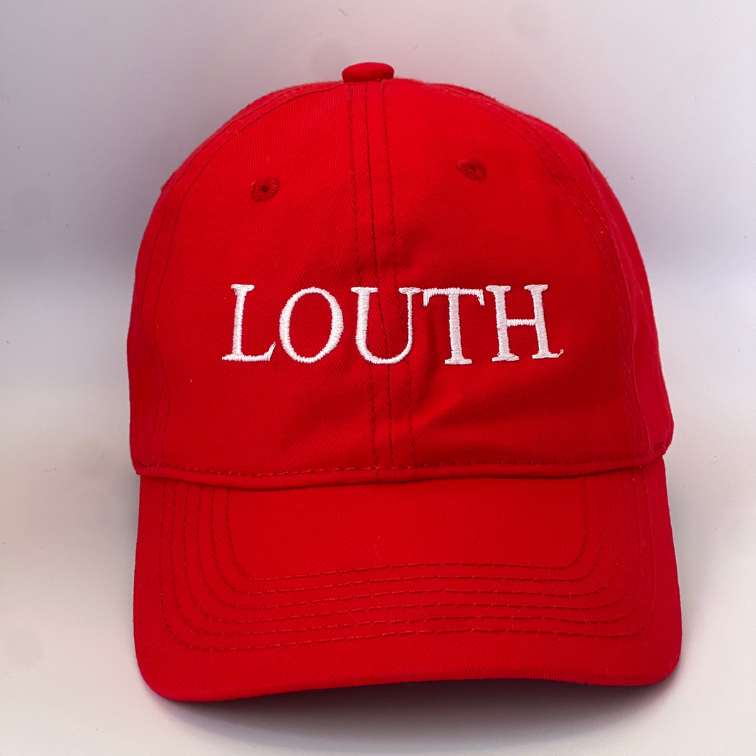 Classic 100% cotton six panel baseball cap with adjustable back strap. Red colored hat with white embroidery.