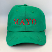 Load image into Gallery viewer, Green baseball cap with &#39;MAYO&#39; embroidered in red on a green background
