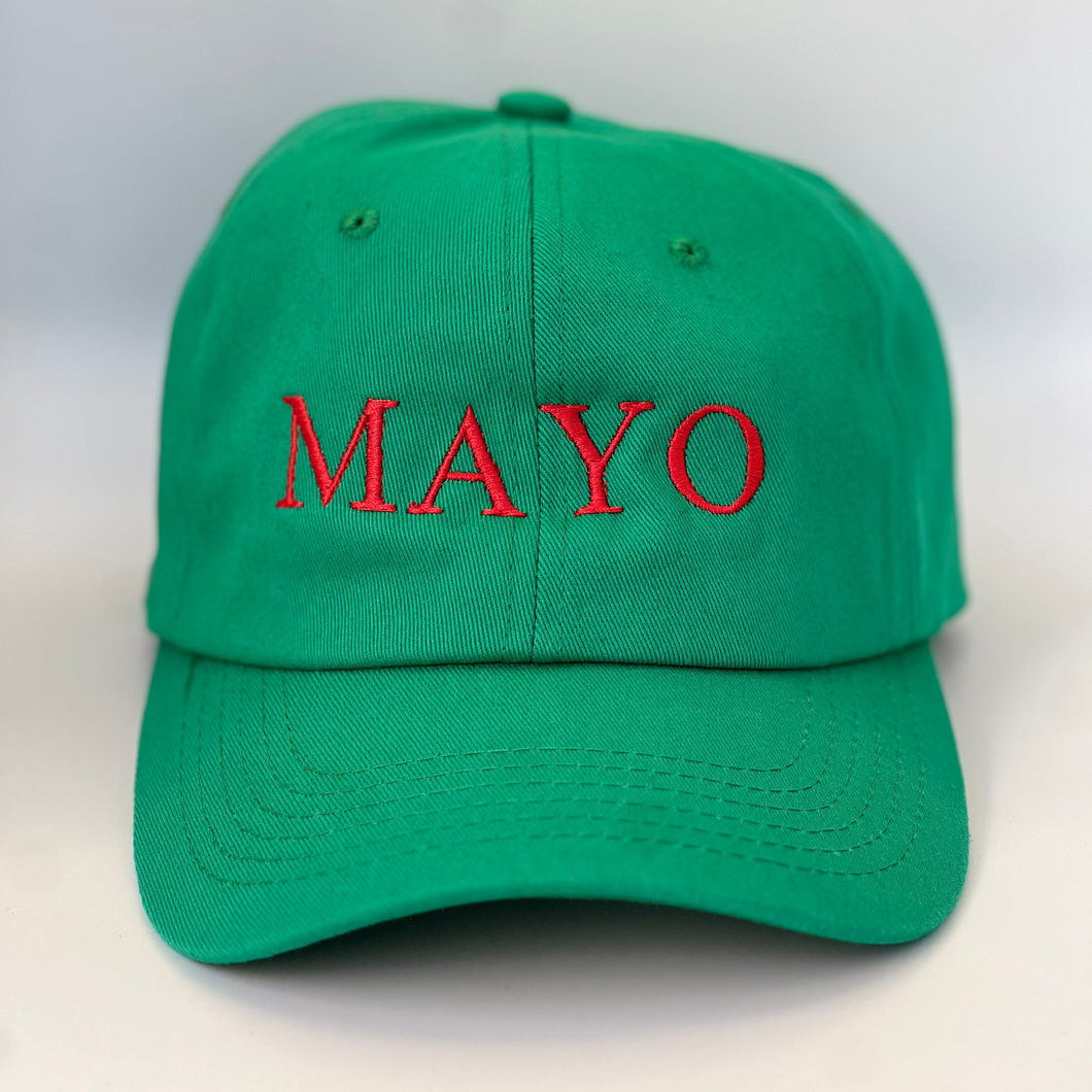 Green baseball cap with 'MAYO' embroidered in red on a green background
