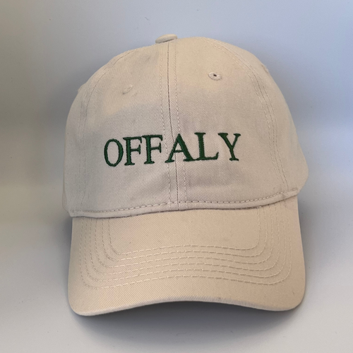 Beige cap with 'OFFALY' embroidered in green on a beige background