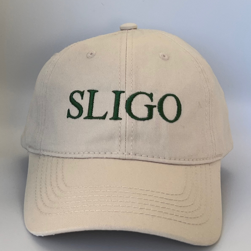 Beige cap with 'SLIGO' embroidered in green on a beige background