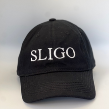 Load image into Gallery viewer, Black baseball cap with &#39;SLIGO&#39; embroidered in white on a black background
