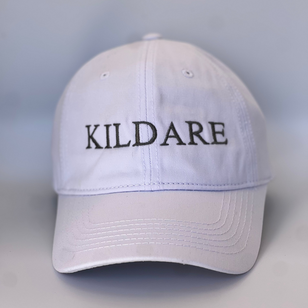 White baseball cap with 'KIldare' embroidered in grey on a  white background