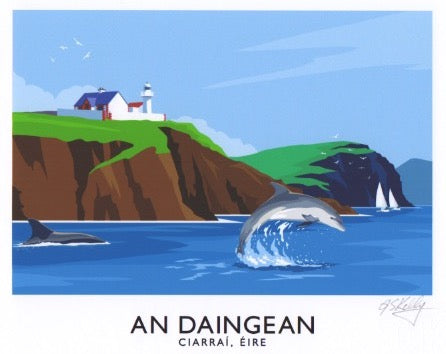 Irish Language version of our vintage style travel poster art print of the Dingle Lighthouse, County Kerry