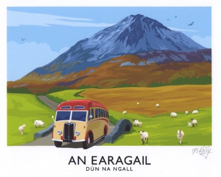 Irish language version of our vintage style travel poster art print of Mount Errigal in County Donegal. 