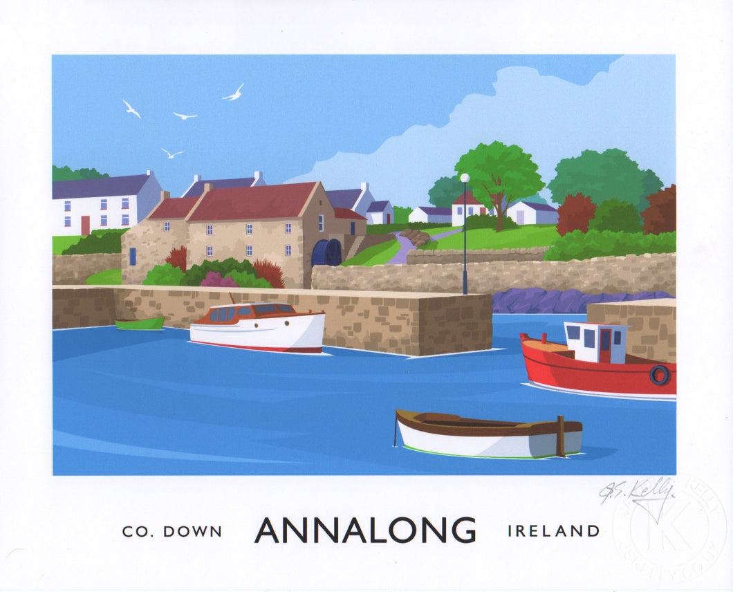 Vintage style art print of boats moored in Annalong Harbour at the foot of the Mourne Mountains in County Down, Ireland. Buildings in the background include the Cornmill, complete with waterwheel.