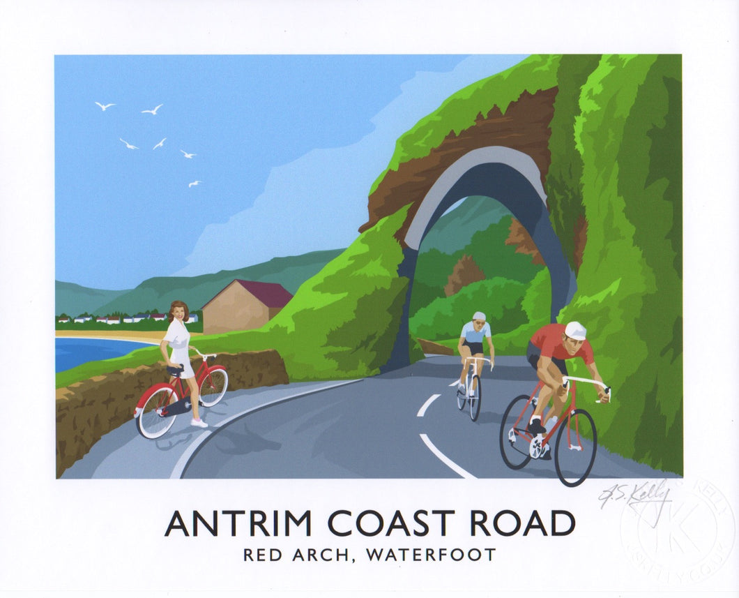 This scene features cyclists passing through the Red Arch near Waterfoot in County Antrim.
