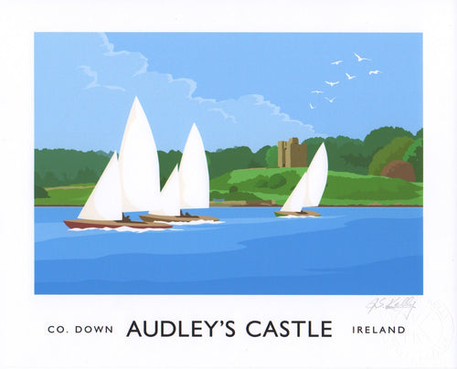 Vintage style art print of sailing boats on Strangford Lough off Audley's Castle near Castle Ward, County Down. 