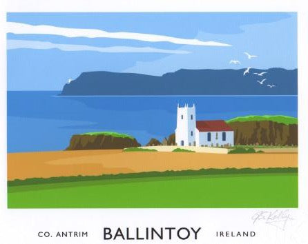 Vintage style  art print of the picturesque Ballintoy Church on the North Antrim Coast with Rathlin Island in the background.