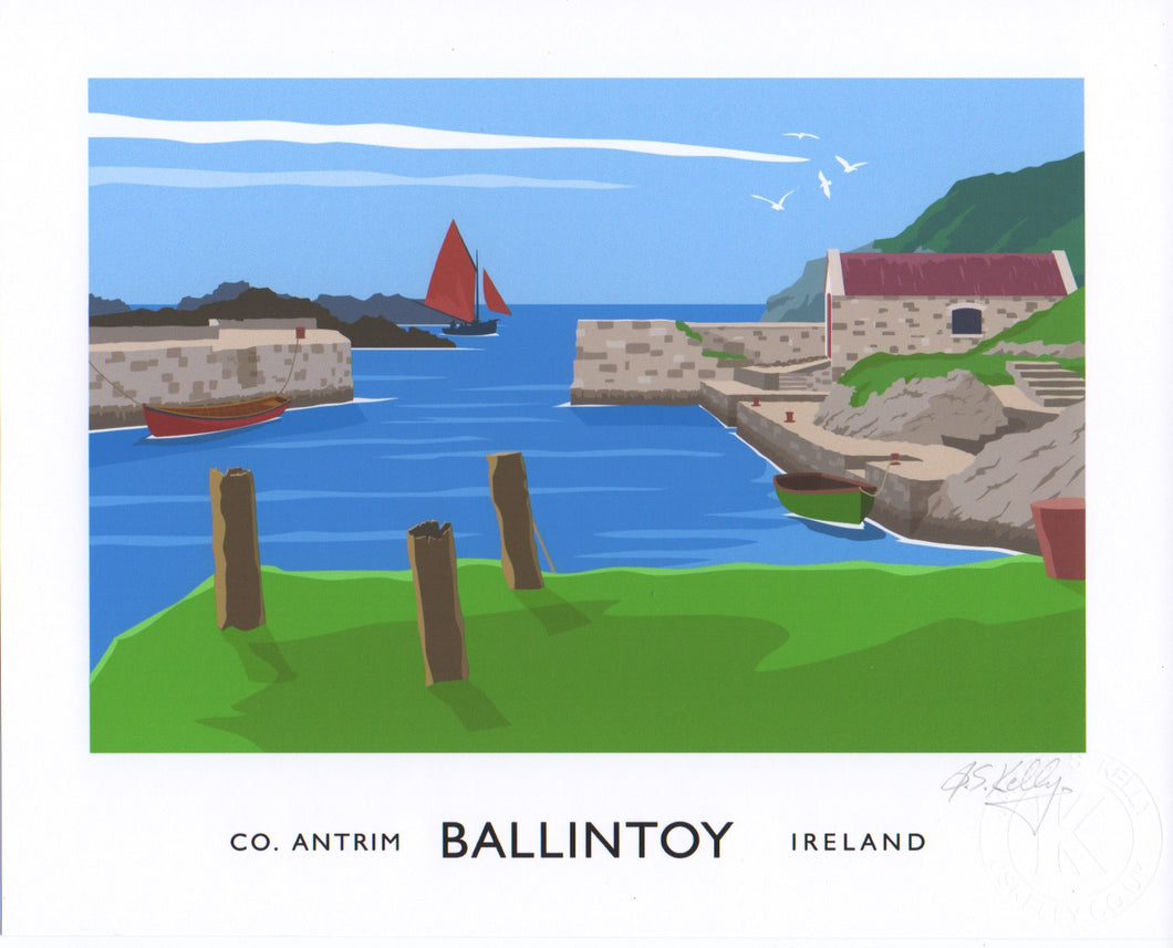 Vintage style travel poster art print of the Ballintoy Harbour, County Antrim.