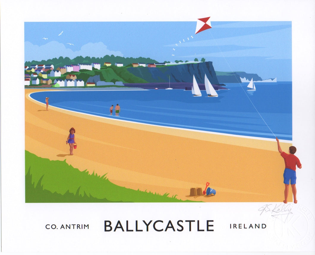 Vintage style art print of Ballycastle Beach in County Antrim.