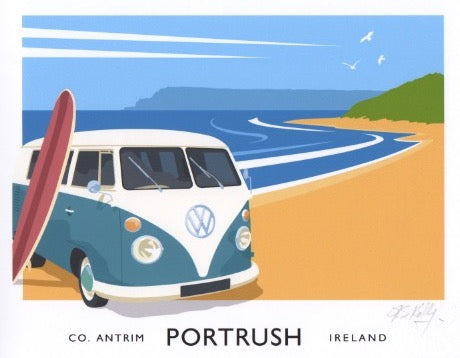 Vintage style travel poster art print of a VW camper van on the East strand, Portrush.
