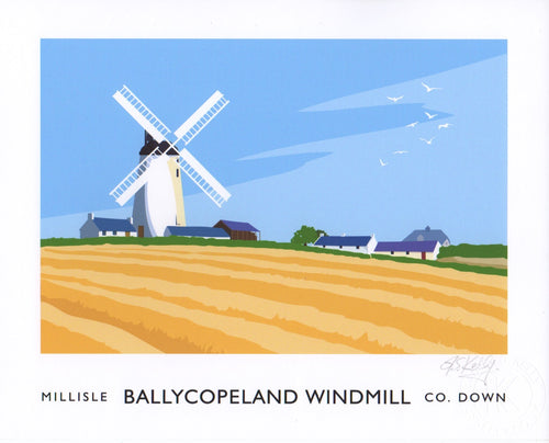 Vintage style art print of Ballycopeland Windmill on the Ards Peninsula near Millisle, County Down.