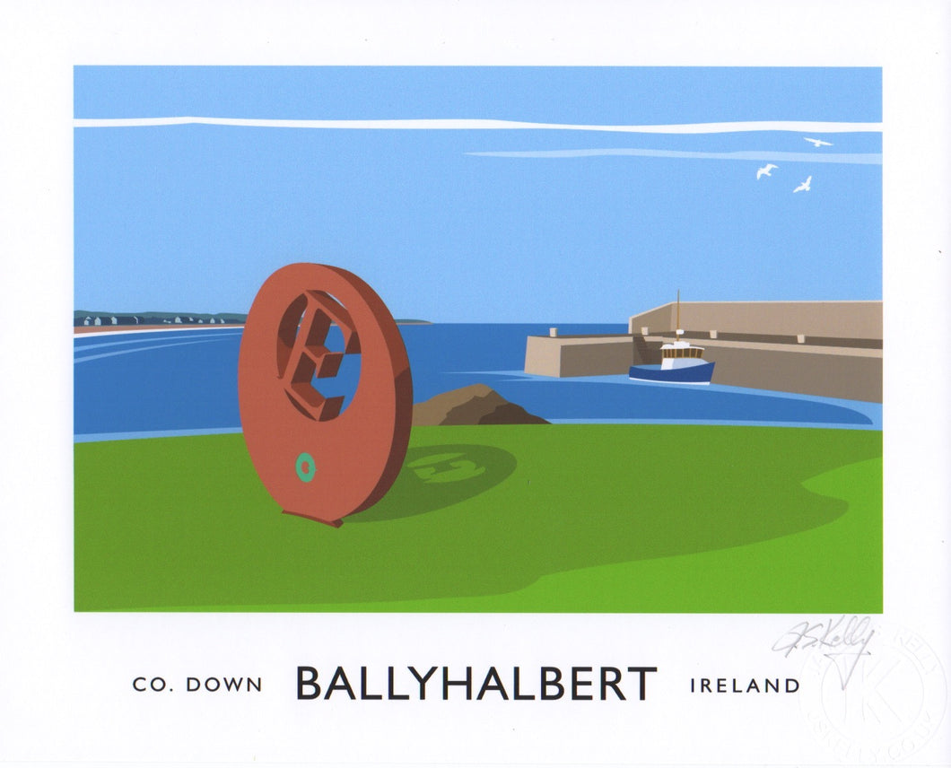 Vintage style art print of Art Print of Ballyhalbert Harbour on the east coast of the Ards Peninsula in County Down in the North of Ireland. 