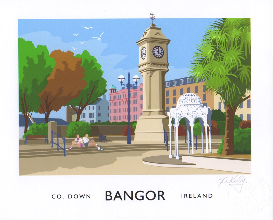 This is a vintage art print  of the McKee Clock Arena on the Bangor seafront.