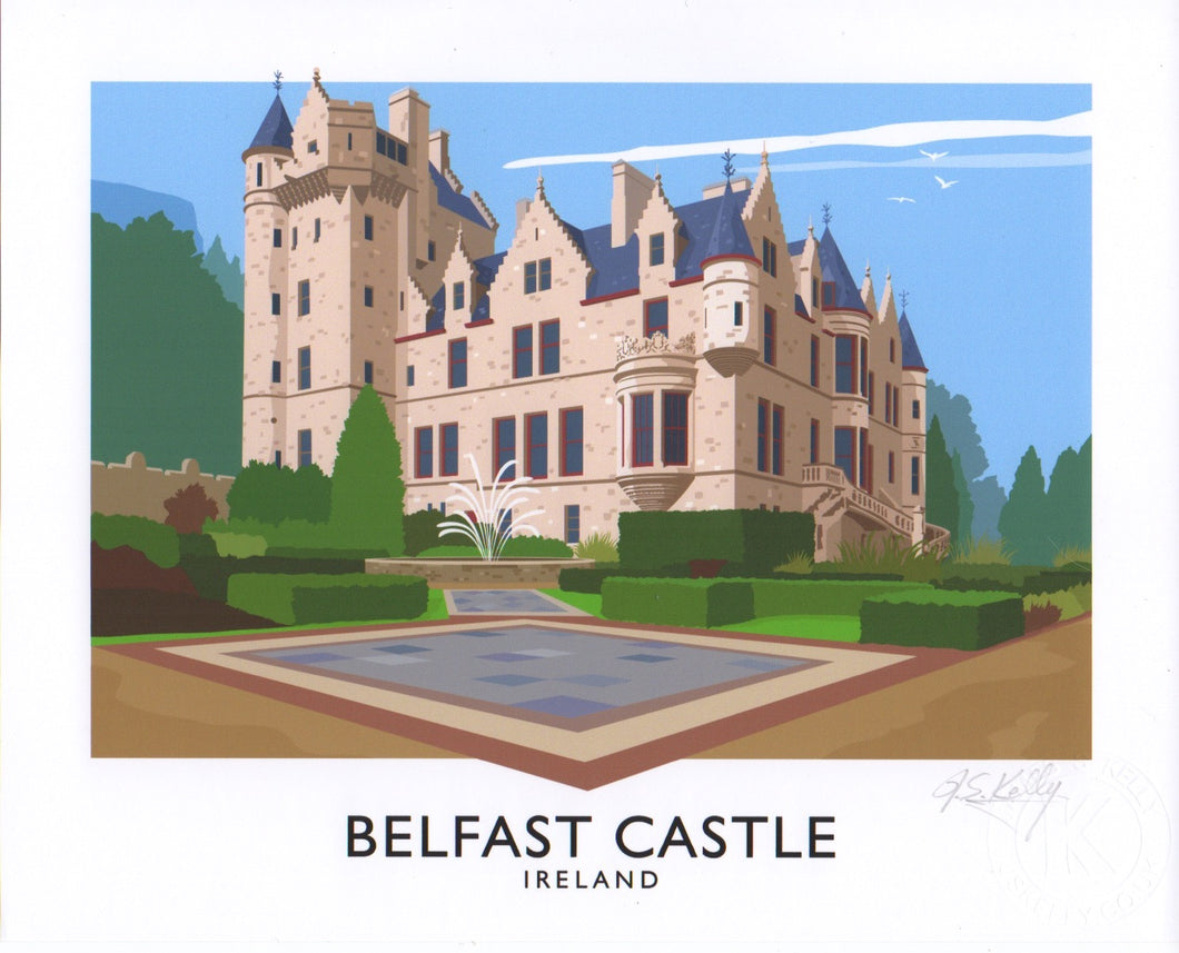 Vintage style art print of Belfast Castle, set on the slopes of Cavehill Country Park, Belfast. 